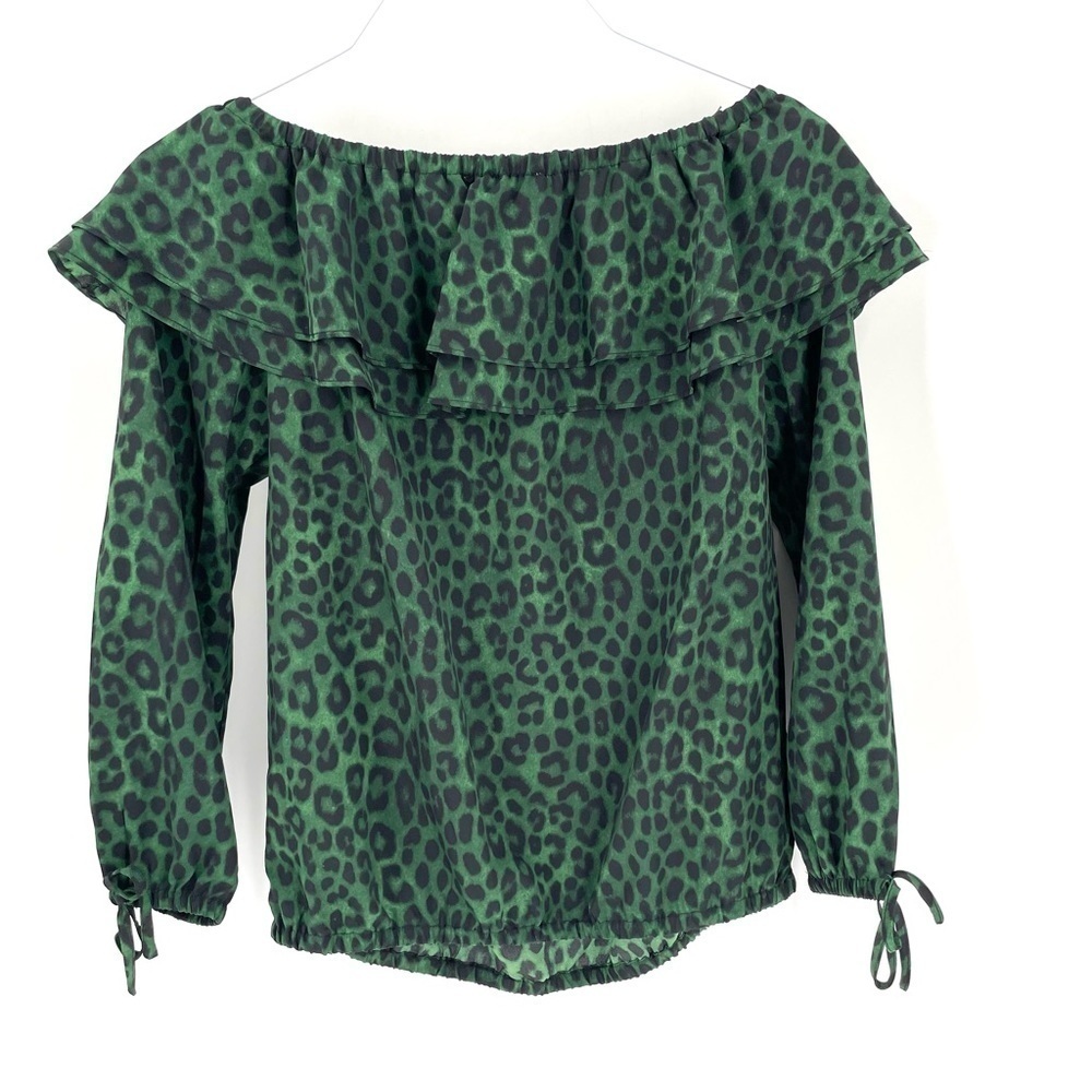 Michael Kors Green Black Leopard Print Off Shoulder Blouse Top - Picture 5 of 7